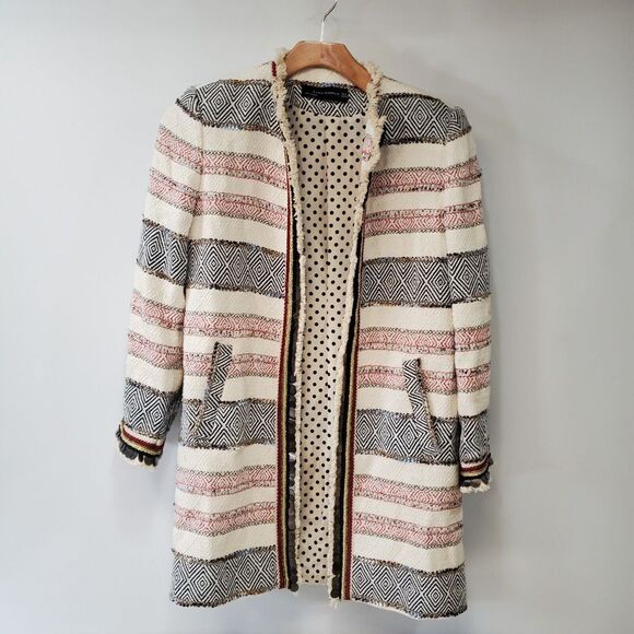 ZARA Tweed‎ Multi Color Open Front Tapestry Morrocan Beaded Long Jacket Size M - Picture 1 of 9